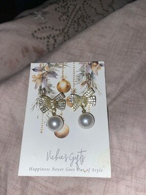 Gold Bow Pearl Drop Earrings - Gold and White
